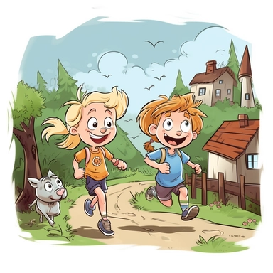 Create a vector illustration, Cartoon children's drawing, in a cartoon style for a children's book depicting two blond 4-year-old children, a boy and a girl, children running in the distance, pig, svg, white background, vector, logo, sticker, bright colors, 3 colors, 2D, graphics, procreate, adobe illustrator, photoshop, Watercolor , isolated on a white background, simple, graphics, clipart, procreate, 8k, 3D, realistic flat