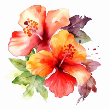 Watercolor Tropical Hibiscus Clipart by Thomas W. Schallerof: A vibrant and exotic design featuring tropical hibiscus flowers in shades of pink, orange, and red on a white background. The flowers are different-size and bold, while the leaves are thick and tropical, creating a lively and festive composition