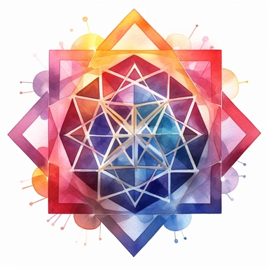 watercolor clipart of 3D metatron's cube, vibrant chakra colors, on white background