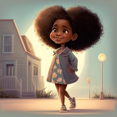pixar illustration of Sag Harbor town , An illustration of fiver year old light skin happy black girl with curly afro, waving goodbye to Sag harbor Sunset Beach, east hampton , summer vaction, beach town , summer days , muted tones , shy warm heart , pixar , hyper detailed , smooth skin realistic animated — Happy Black Girl Smiling art,black girlsclipart, Funny black girl , Cheerful african american girl child png, clipart, afro ,Full body with legs , Cottage core , preppy , Highly detailed clos