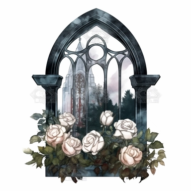 a gothic victorian window, overgrown with very big white roses beautifully designed, clear view on a victorian city, in the style of dark intense colors, watercolor, clipart, white background