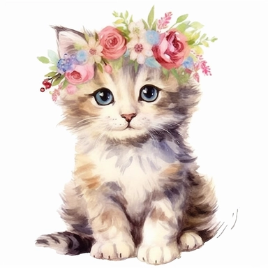 watercolor clipart, cute, fluffy, baby cats, floral headbands, painted, high quality, detailed, white background,