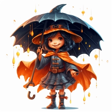 Cute Adorable magical little witch holds laterally a huge umbrella in his hand wears a raincape and stand in the rain on a country road, correct umbrella, clipart, high detail, 8k polished, 8k, vibrant colors, white background, sticker