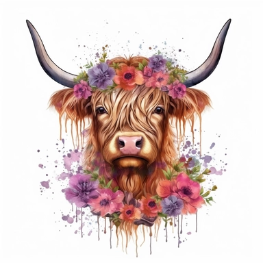 Highland Cow With Flower Crown Clipart, flat water splash color for tshirt design, white background