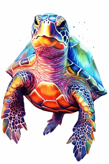 Watercolor turtle, very cute, very vibrant colors, highly detailed drawing, Doodle Style, crawling, white background, clipart, colorful, highly detailed, HD