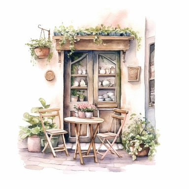 commercial illumination of ultra - realistic watercolor painting of cute small cafe corner with cute table and delicious pastry and coffee clipart, french vibes cafe with cute tables, cute flowers, serene, 8k trending on etsy, cottagecore, plants overgrowing everywhere, aesthetic, naturalisting, cottagecore, plants, magical, white background, isolated on white, watercolor illustration, award winning