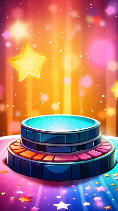 a cartoon illustration of a pedestal base with decorative trim on a colorful abstract sparkley stars background, spotlights pointing at it, clipart, rendering, bokeh rounded shapes