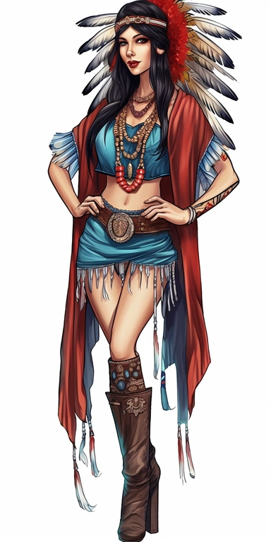 standing fashion posed bohemian with cowboy boots and fringe kimono, leather fringe skirt, deep blue eyed and black haired woman with a colorful indian chief headdress with long feathers on her head, standing fashion pose with cowboy boots, lotus choker, large earings, tattoos, hands in prayer, wearing her heart on her sleeve, red, turquoise, navy, realistic watercolor, in the style of clipart on white background, in the style of sticker on white background