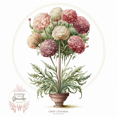 centered to frame watercolor clipart of Carnation topiary: A decorative arrangement of carnations arranged on a tall stem or frame, shaped into a ball or cone, by carolyn blish, isolated on white background