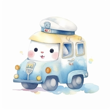 watercolor illustration of adorable cute Emergency vehicle kawaii, digital art, concept,art,8k,hd,kawaii,isolated,detailed,white backround, clipart