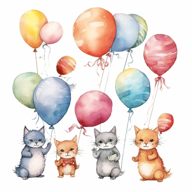 flying cat tied to a balloon clipart, balloons lined up side by side clipart , party balloons clipart, birthday party centerpiece, watercolor clipart