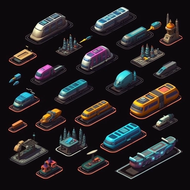 isometric, spritesheet, game assets, futuristic hovering trains, isometric perspective, game sprite, sci-fi, cute, fun, creative, cartoon, clipart, hyper-detailed, black background