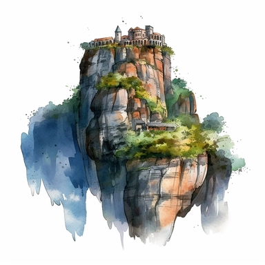 a Greece Meteora in the style of watercolour clipart with detailed brush strokes