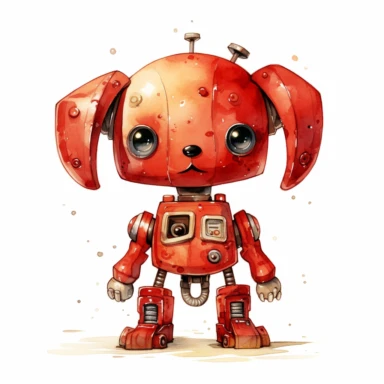 watercolor kawaii red robot dog clipart on a white background