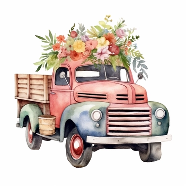 Watercolor Flower Truck Clipart Floral Truck Vintage Truck Clipart Junk Journal Farmhouse Clipart Floral Truck watercolor floral in bonnet or back