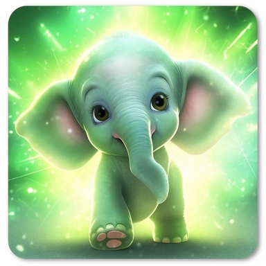 Clear image behind and in front a fantasy cartoon baby elephant green ligth selfie colorful and soft light tones cartoon clipart pastel colors and strong light degraded colors with fantasy top to bottom degraded lights with green and light yellow tones baby elephant 5000 x 5000 and the environment with a lot of intense light very creative and artistic quite a lot of light everywhere, artistic light in front of the elephant 20k fine pix