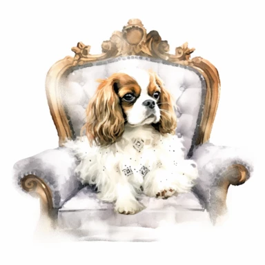 Serene Cavalier King Charles Spaniel lounging on a plush cushion, wearing a dainty collar with a sparkling gem, emanating an air of elegance and sophistication, white background, watercolor clipart.