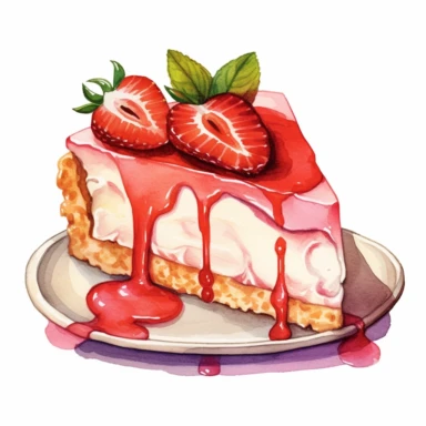 This highly detailed watercolor clipart features a mouthwatering strawberry cheesecake on a white background. The artwork showcases a graham cracker crust, creamy cream cheese filling, and plump strawberries with vivid colors and intricate details. A drizzle of strawberry sauce adds a touch of elegance. Perfect for menus, recipe books, and food blogs, this clipart captures the essence of this delectable dessert, leaving viewers craving a bite.