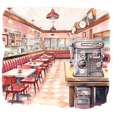 A retro-themed diner, where people enjoy classic American comfort food and capture the ambiance with vintage cameras, watercolor, clipart