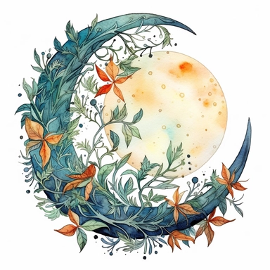 Clipart, watercolor, white background: A floral moon with intricate vines and leaves forming its celestial outline, symbolizing growth, renewal, and connection to the earth.
