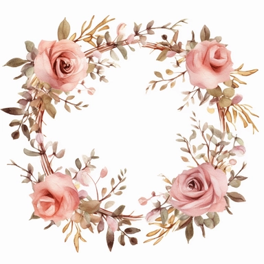 Clipart, watercolor dusty pink gold small roses wreath, hand painted, texture
