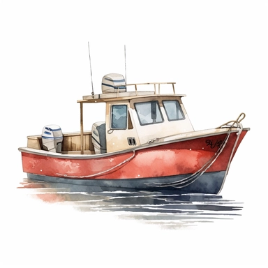small fishing boat clipart, watercolor illustration, simple, clean, peaceful fishing, ultra-realistic, isolated on the white background, golden hour, translucent, very detailed, hd