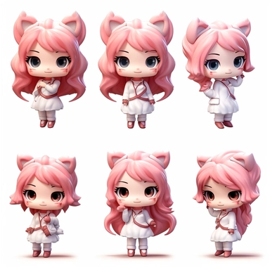 A cute little girl, popmart IP, blind box, chibi, white dress, cat ears, pink hair, long hair, hair clip, character sheet, 4 panels with different poses, multiple pose and expressions, white background, simple background, studio lighting, clay, best quality, 3D, C4D