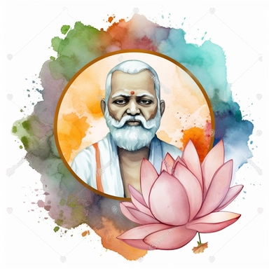 a clipart of a ultra detailed watercolor Hinduism Guru leader in India with the Lotus Flower Hinduism symbol watercolor as background, v4 ar 2:3