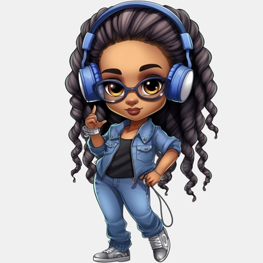 hip hop girl, wearing headphones, high heels, blue jeans, Coiled Bun, clipart, transparent, wearing jewelry, clip art, as a Inspired Chibi and Kawaii Style