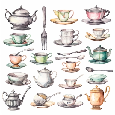 Watercolor vintage china porcailain tea set, illustrations clipart set, simple, soft colors, cartoon elements, different variants, teapot, sugar bowl, jug of milk, , stacked china plates, tongs, china cup and saucer,napkin, stacked teacups, ,silver knife, ,silver fork, ,silver spoon,napkin, place holders, vase of flowers separate elements with a margin