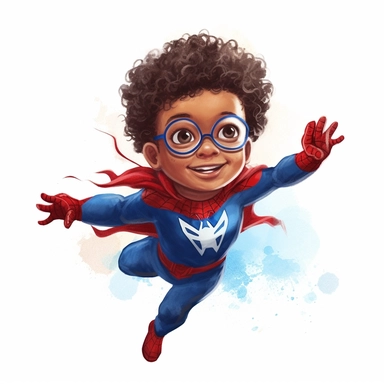 A cute little biracial newborn baby boy superhero as marvels spiderman, jumping, tiny baby, curly afro hair, red and blue colors, watercolor art, clipart