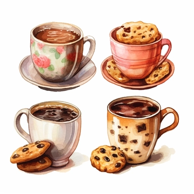 Coffee cups with cookie clipart watercolor style ar 3:4 s 1000 v 5