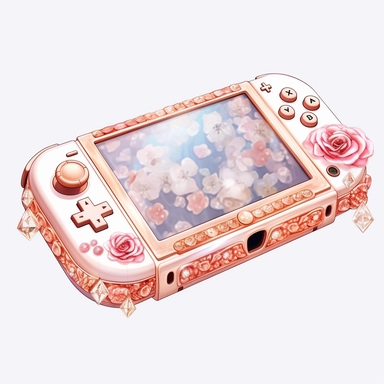 Watercolour rose gold and pastel detailed 3d gaming console Nintendo Switch , surrounded by beautiful roses and Swarovski crystals and diamonds, svg clipart style, solid white background, clipart element, clipart style highly detailed beautiful