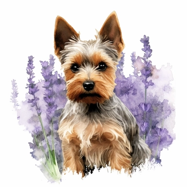 close up high detailed, Hand drawn watercolor clipart of a cute Yorkshire Terrier exploring lavender bush, on a white background