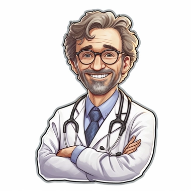 portret a happy man doctor, sticker, style by Lusy Fleming, folk art, watercolor, clipart elements, smooth gradients, black contour outline, ultra detailed, white background, super clear, high quality