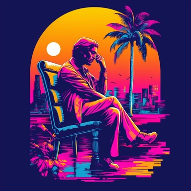 Design a captivating clipart featuring a retro-inspired portrayal of The Thinker sculpture with a Vice City twist. Create a stylish and contemplative character that combines the intellectual depth of The Thinker with elements reminiscent of the vibrant 1980s Miami aesthetic. Incorporate bold colors, neon lights, palm trees, and retro patterns to evoke the Vice City atmosphere. Infuse the clipart with an air of introspection and urban coolness, showcasing the fusion of intellectual curiosity and 