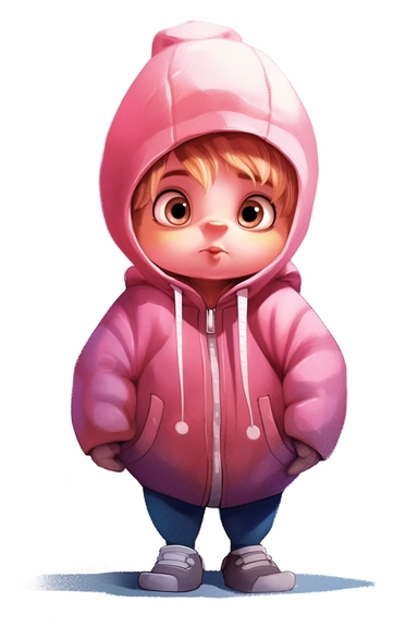 4 year old cartoon Pretty, cute cartoon chubby girl, wearing pink hoodie with sad face, staring at the floor. Pixar childrens book cartoon style, detailed, modern, urban, watercolor, full color, flat color, white background, children book illustration. Watercolor clipart. Pixar animation