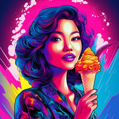 Illustrate a clipart image showcasing a beautiful thai woman with radiant eyes that shine brightly eating a glow in the dark, neon, ice cream on a cone. Use a rich and diverse color palette to enhance her appearance, and ensure the image is detailed and crisp. The background should be pure white