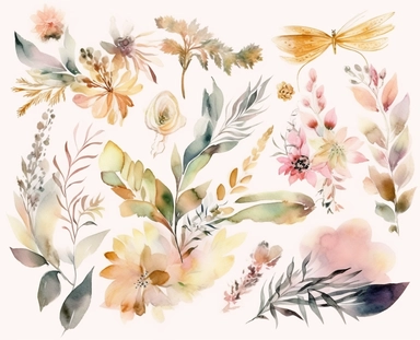 watercolor flower clip art for april, in the style of dreamlike composition, ethereal foliage, luxurious fabrics, pictorial dreams, beige, use of bright colors, poetic pastoral scenes