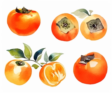 watercolor four Persimmon fruits clipart, flat style, no volume, few details, washed out, minimalistic style, very lose details, very light colors, transparent colors, light airy hues and pastel tones, spaced out, white background, washed out colors and paint, hand-painted watercolor, watercolor spray, watercolor splash, splatters and paint smudges on top of each Persimmon, watercolor paper with visible rough paper texture, a variety of watercolor brushes, do not cross workspace borders, rough w