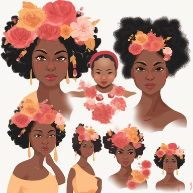 animated clipart bundle african american mother concepts, clipart bundle with beautiful flowers, beautiful faces, beautiful eyes and differential body types and skin tones, harlem Renaissance, Mother's Day White background