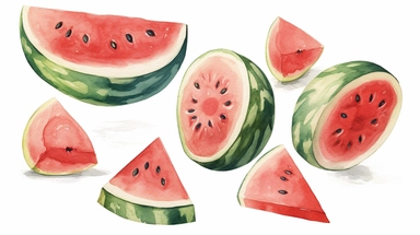 semi photorealistic outlined watercolor illustration, clipart elements, collection [watermelon fruit] cozy elements, detailed, pastels, beige, spaced, isolated white background, 8k,