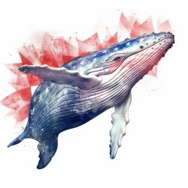 closeups shot, low angle, watercolor style, Humpback whale, patriotic pattern, Stars and Stripes, red, white, blue, hyper-realistic animal illustrations, 2d game art, quadratura, clipart, on white background,