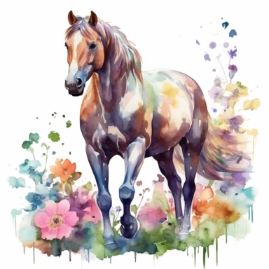 detailed watercolor clipart, photography style, beautiful horse, in a meadow, full body, spring floral,self shadow, white background