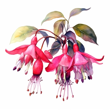 a watercolour painting of a fuchsia flower, in the style of uhd image, dansaekhwa, traditional, flourishing botanicals, exotic, white background, colorful, antique clipart, vibrant intense colors