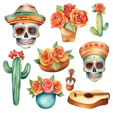 Watercolor cinco de mayo elements , illustrations clipart set, simple, soft colors, cartoon elements, different variants, mexican hat, sugar skulls, rose, little boy, separate elements with a margin