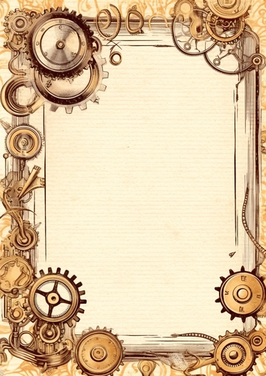 Blank ephemera paper page with ornate border illustrations vintage steampunk elemets, gears and engines pencil sketch, greeting card design, old botanical books style drawing, vintage, distressed textures, muted colors, craft paper texture, handwriting lines in background, pen and ink on paper with watercolor washes Watercolor, vector, white background, rice paper texture, clipart, flat illustration, outlined, Vector, 4K, Art station, digital print, highly detailed clean, detailed illustration, 