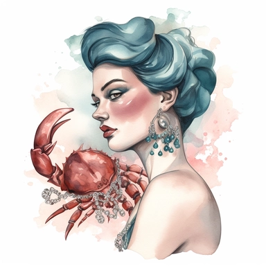 Hand drawn 1950’s pin up woman, dressed like cancer the crab, very glamorous with jewelry, shades of dusty rose teal and blue, half body, very detailed and realistic, watercolor, white background with margins, clipart style