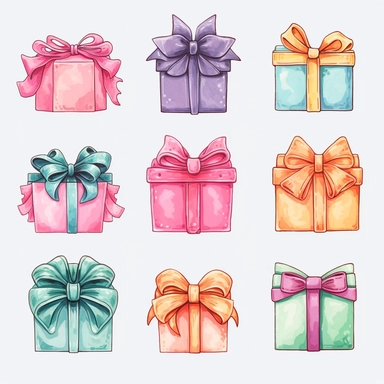birthday gift boxes hand drawn pastel colours big bows clip art