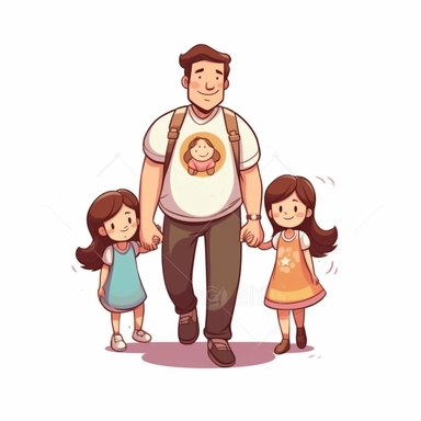 children holding father's hand, sticker style vector illustration for t-shirt, clipart, white background
